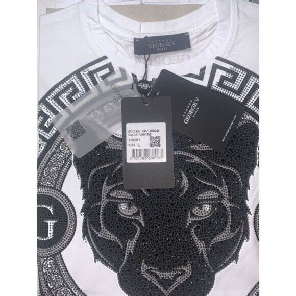 AVENUE GEORGE V Paris Men's‎ White Graphic T-Shirt With Black Panther Rhinestone - Picture 7 of 14